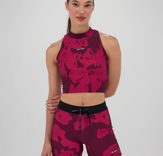 Bandit W Top Cadence Crew Neck Crop Floral - Vino - Odda running